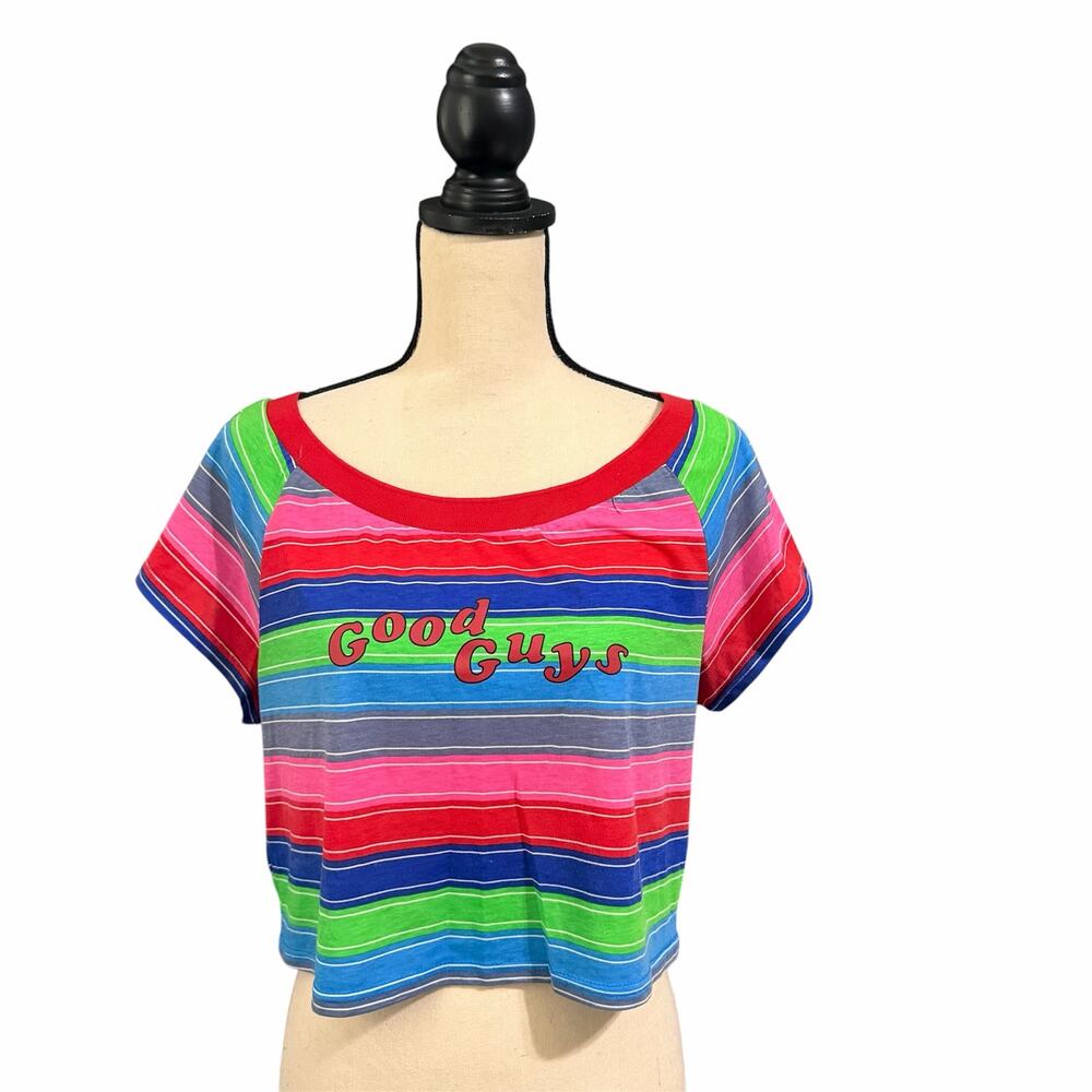 Spirit Halloween Chucky Good Guys Wmns Multicolor Stripe Crop Top Sz XL Costume